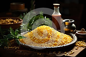 Corn grains with ears on the wooden spoon and plate on the wooden table, f