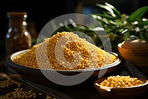 Corn grains with ears on the wooden spoon and plate on the wooden table, f