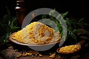 Corn grains with ears on the wooden spoon and plate on the wooden table, f