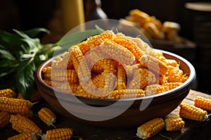 Corn grains with ears on the wooden table, flat