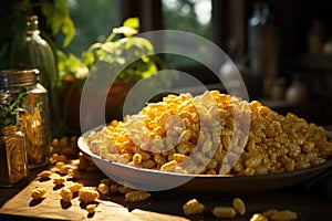 Corn grains scattered with flat ears put on a wooden