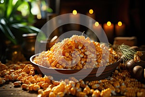 Corn grains scattered with flat ears put on a wooden