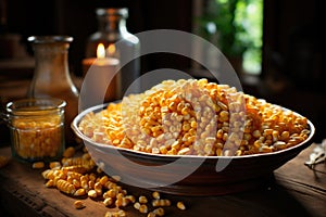 Corn grains scattered with flat ears put on a wooden