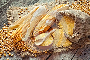 Corn groats and seeds, corncobs on wooden rustic table.