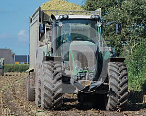 Corn harvest, corn forage harvester in action, harvest truck with tractor