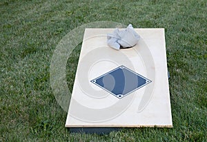 Corn hole boards with bags.