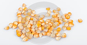 corn kernels : Close-up of organic yellow corn seed, Dried corn kernels on white background, top view