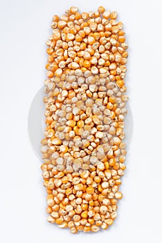 corn kernels : Close-up of organic yellow corn seed, Dried corn kernels on white background, top view