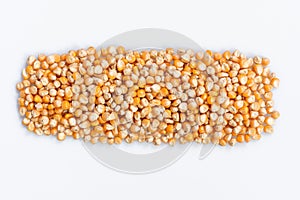 corn kernels : Close-up of organic yellow corn seed, Dried corn kernels on white background, top view