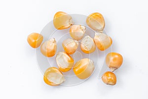 corn kernels : Close-up of organic yellow corn seed, Dried corn kernels on white background, top view