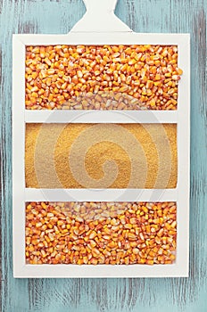 Corn kernels and cornmeal