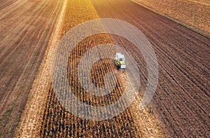 Corn maize harvest, aerial view of combine harvester