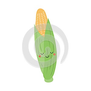 Corn, maize with kawaii face cute illustration.