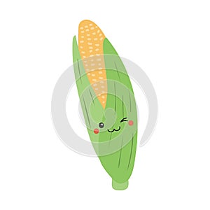 Corn, maize with kawaii face cute illustration.