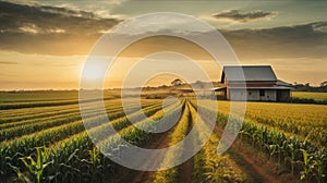 Corn Plantation Farm on Spring Sunny Day Next to Highway in Brazil. Cultivated Field Landscape at Sunset.