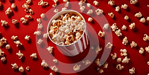 corn popcorn food box reflection bucket background blue red film cinema. Generative AI.