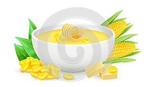 Corn porrige vector. Realistic vector bowl with corn soup and butter isolated on white background. Healthy food, polenta