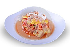 Corn pounding  on white bowl for Thai food