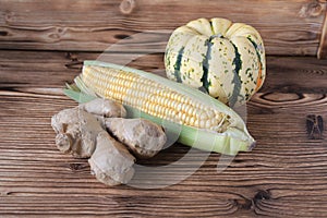 Corn,pumpkin,ginger, healthy food, vegetables.vegetarian food