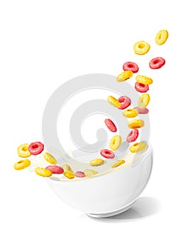 Corn rings in ceramic bowl with milk. Cereals food