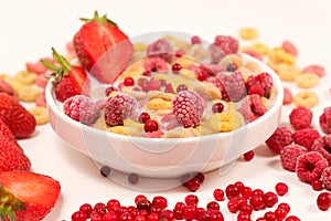 Corn rings with milk in a plate with berries and fruits, side view on a white background. The concept of quick breakfast