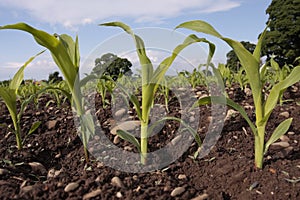 Corn seedlings crop field in spring