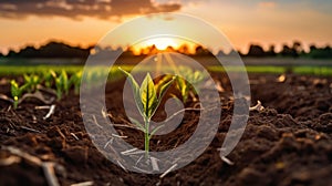 corn seedlings growing in brown plowed field