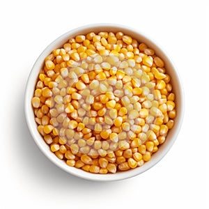 Corn seeds in bowl on white background