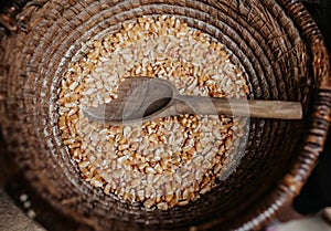 Corn seeds in wickerwork basket