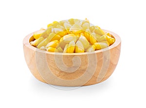 Corn seeds in wood bowl isolated on white
