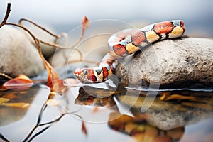 corn snake climbing over smooth river rocks