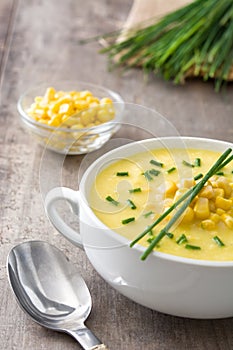 Corn soup in white bowl