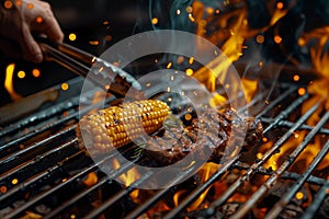 Corn and steak on the grill with visible flames and sparks.
