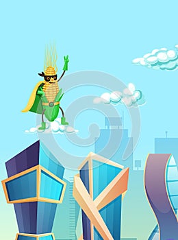 Corn superhero flying in the sky over skyscrapers.