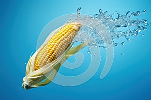 Corn suspended in midair against a bright blue backdrop
