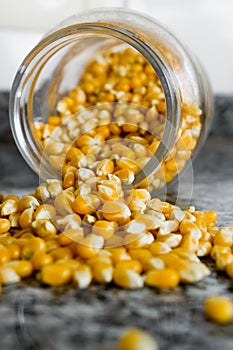 Corn used to make popcorn coming out of a glass pot but uncooked and upopped. Raw ingredient used for food