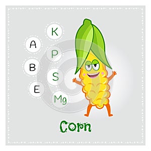 Corn vegetable vitamins and minerals. Funny vegetable character. Healthy food illustration