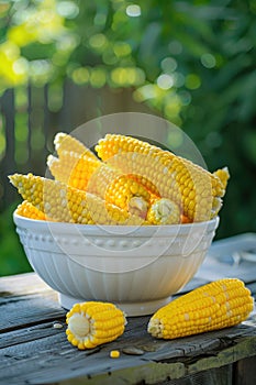 corn in a white bowl on a wooden table. Selective focus