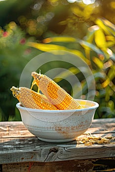 corn in a white bowl on a wooden table. Selective focus