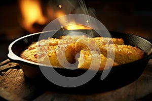 Cornbread baking in a castiron skillet capturing