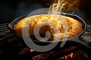 Cornbread baking in a castiron skillet capturing