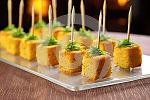 cornbread cubes on toothpicks for hors doeuvres