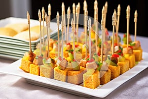 cornbread cubes on toothpicks for hors doeuvres
