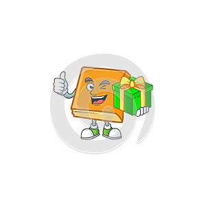 Cornbread with holding gift mascot on white background