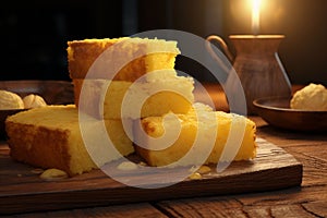 Cornbread slices on a rustic wooden table a