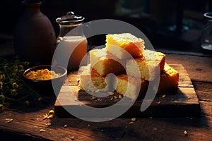 Cornbread slices on a rustic wooden table a