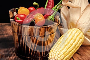 Corncob with chili peppers and tomatoes fresh vegetables natural food in wooden bucket, organic