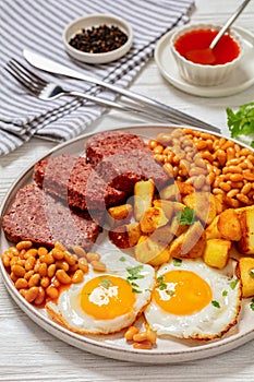 corned beef, baked beans, potatoes and fried eggs