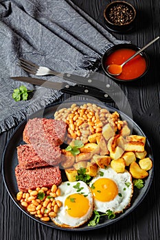 corned beef, baked beans, potatoes and fried eggs