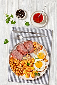 corned beef, baked beans, potatoes and fried eggs